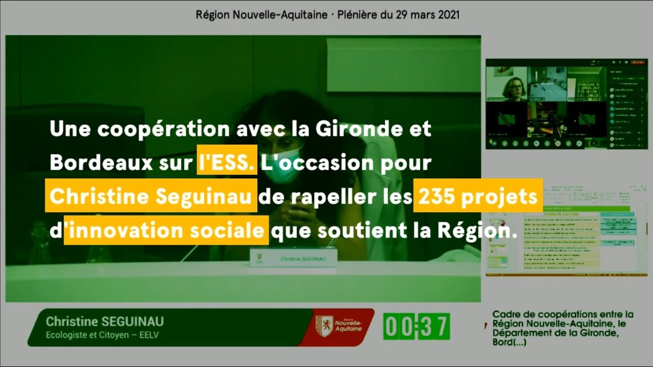 Intervention de Christine Seguinau : cadre de coopérations entre la Région Nouvelle-Aquitaine, le Département de la Gironde, Bordeaux Métropole et la ville de Bordeaux en faveur de l’Économie Sociale et Solidaire